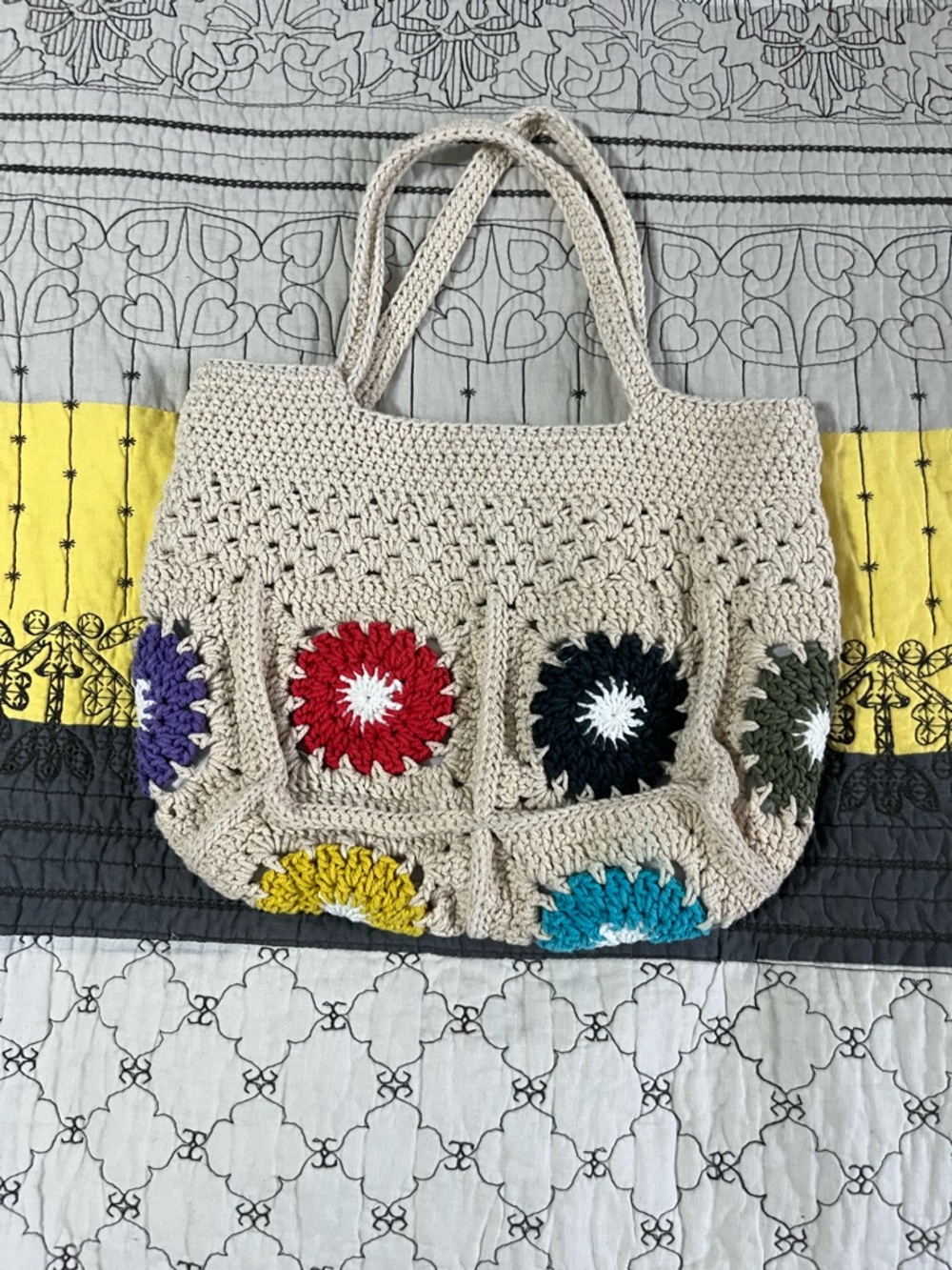 Beige Granny Square Crochet Tote with Multicolor Floral Squares